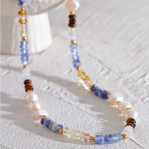 18K Gold Plated Gemstone Necklace*Lapis Lazuli*Freshwater Pearls*Tourmaline* - Picture 3 of 8